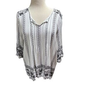 AZIZ White Black Floral Border‎ Print Tassel Tie Viscose Blouse Medium #483